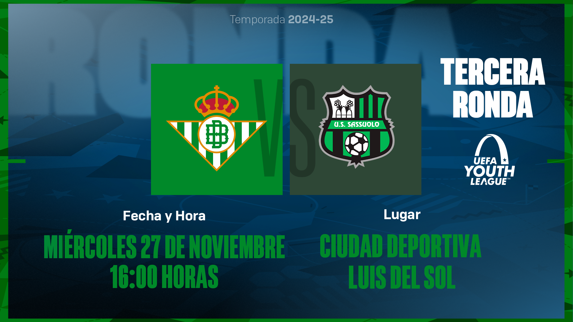 El Real Betis Juvenil DH-US Sassuolo, el miércoles 27 de noviembre a las 16:00