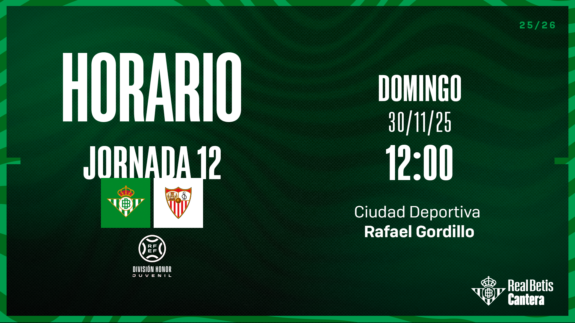 El derbi Real Betis Balompié-Sevilla FC de División de Honor Juvenil, el domingo 30 de noviembre a las 12:00 horas