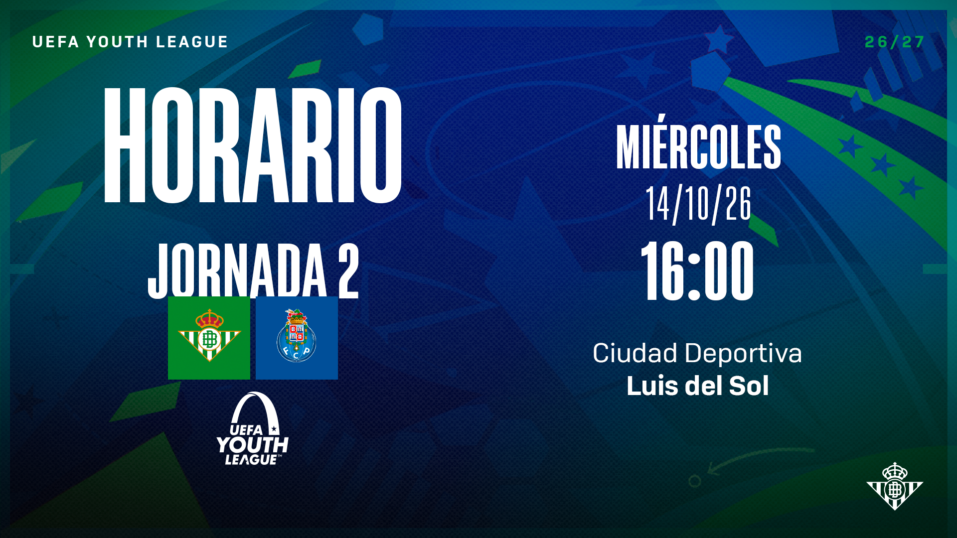 El Real Betis Juvenil DH-FC Porto, el miércoles 14 de octubre a las 16:00
