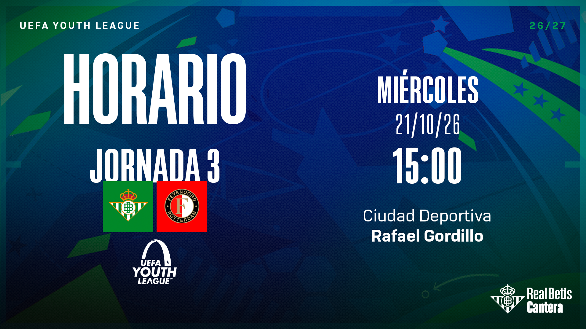 El Real Betis Juvenil DH - Feyenoord Rotterdam, el miércoles 21 a las 15:00 en la Ciudad Deportiva Rafael Gordillo