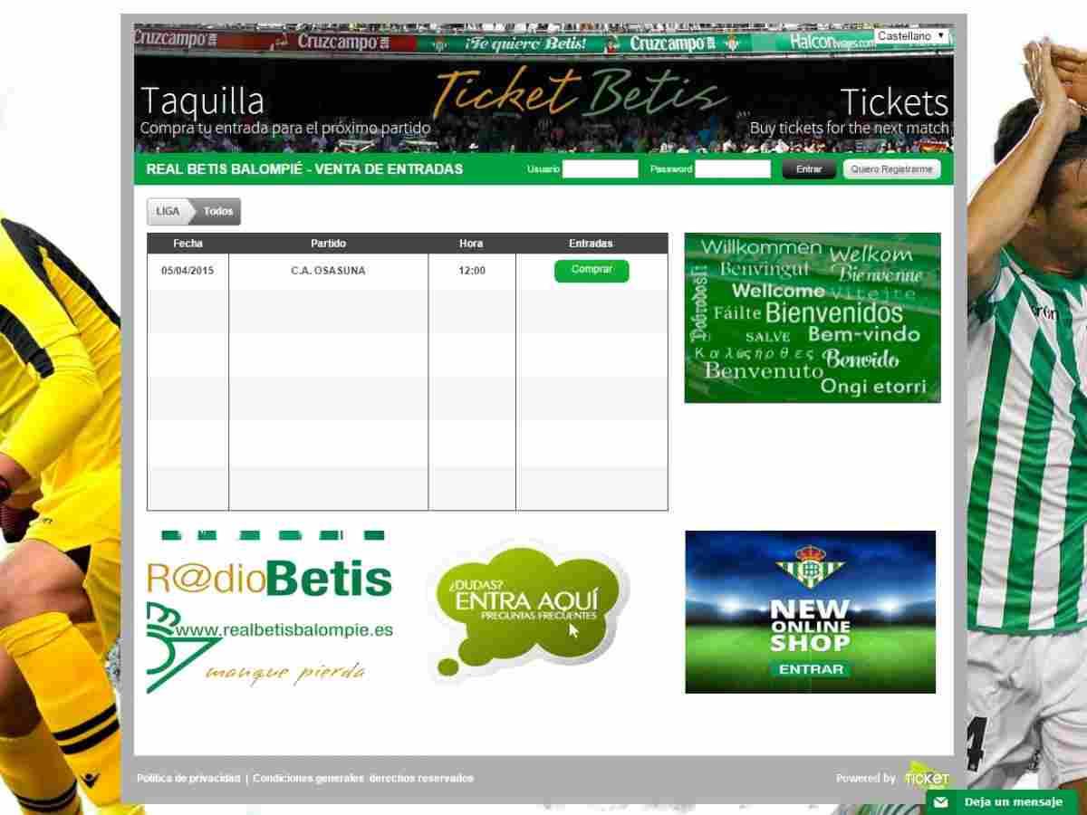 Las entradas a 12 euros para el Real Betis-CA Osasuna se pueden comprar online
